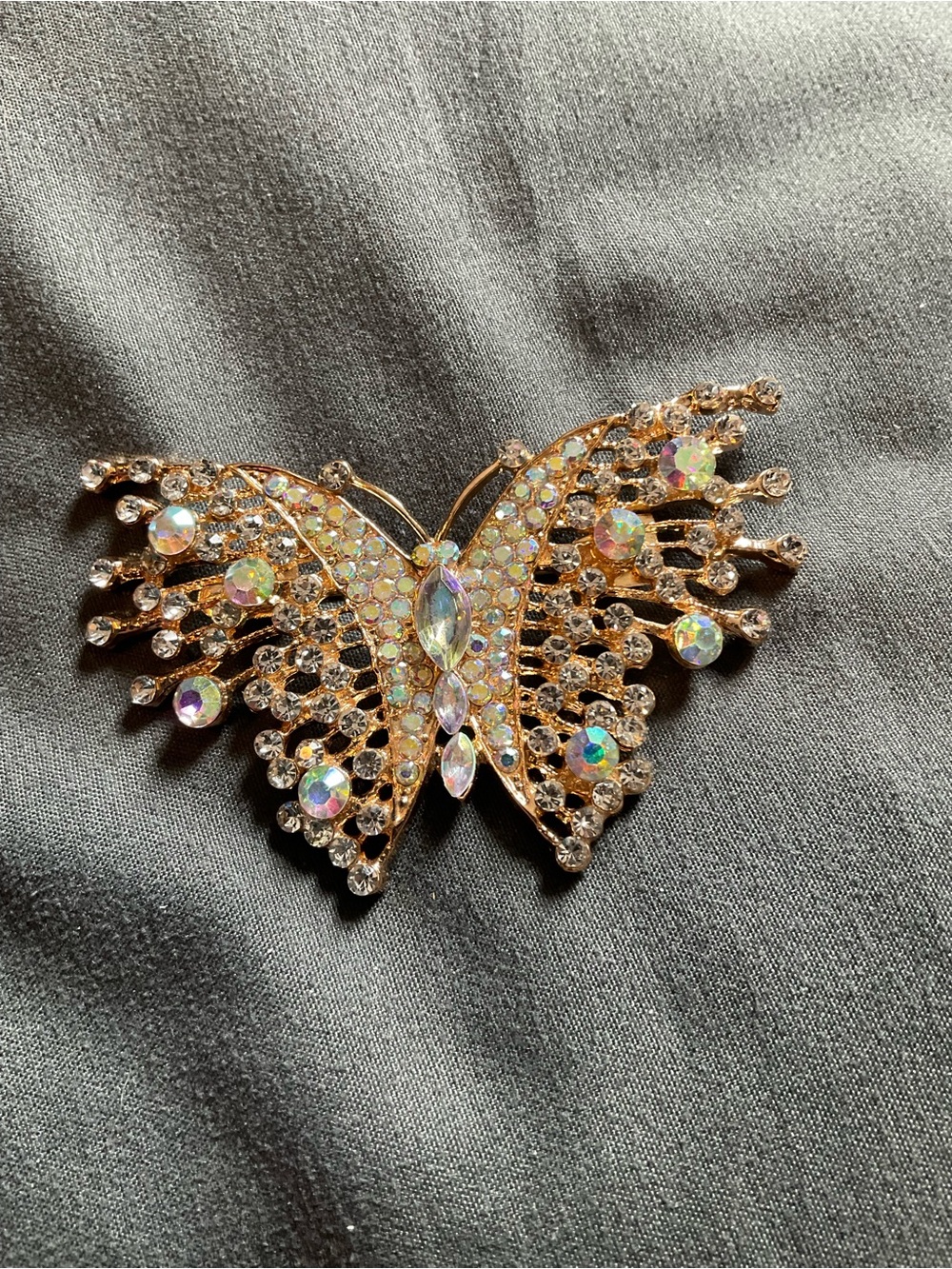 Gold Tone Aurora Borealis Rhinestone Butterfly Brooch Statement Pin